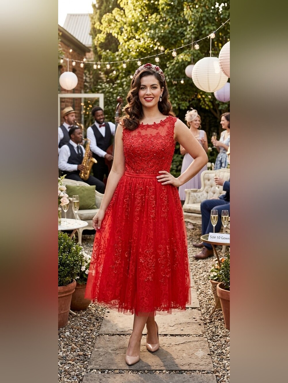 NWT Appx Size 10 Vintage Inspired Red Lace Tea-Length Dress by Amgam